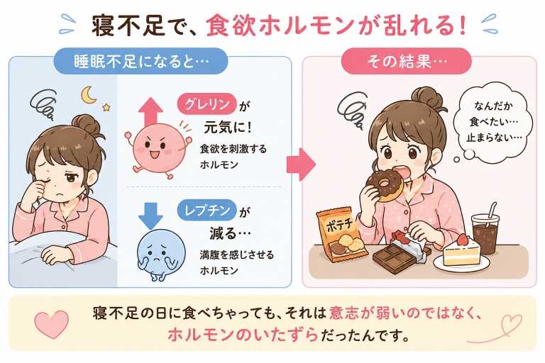 睡眠不足で食欲が増える理由|グレリンとレプチンの関係図解
